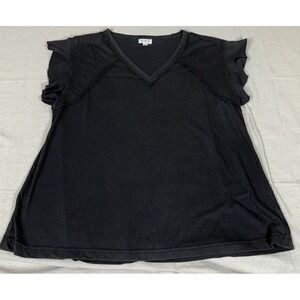 Black Ruffle Sleeve Top V-Neck Womens Medium POL Soft Knit Boho